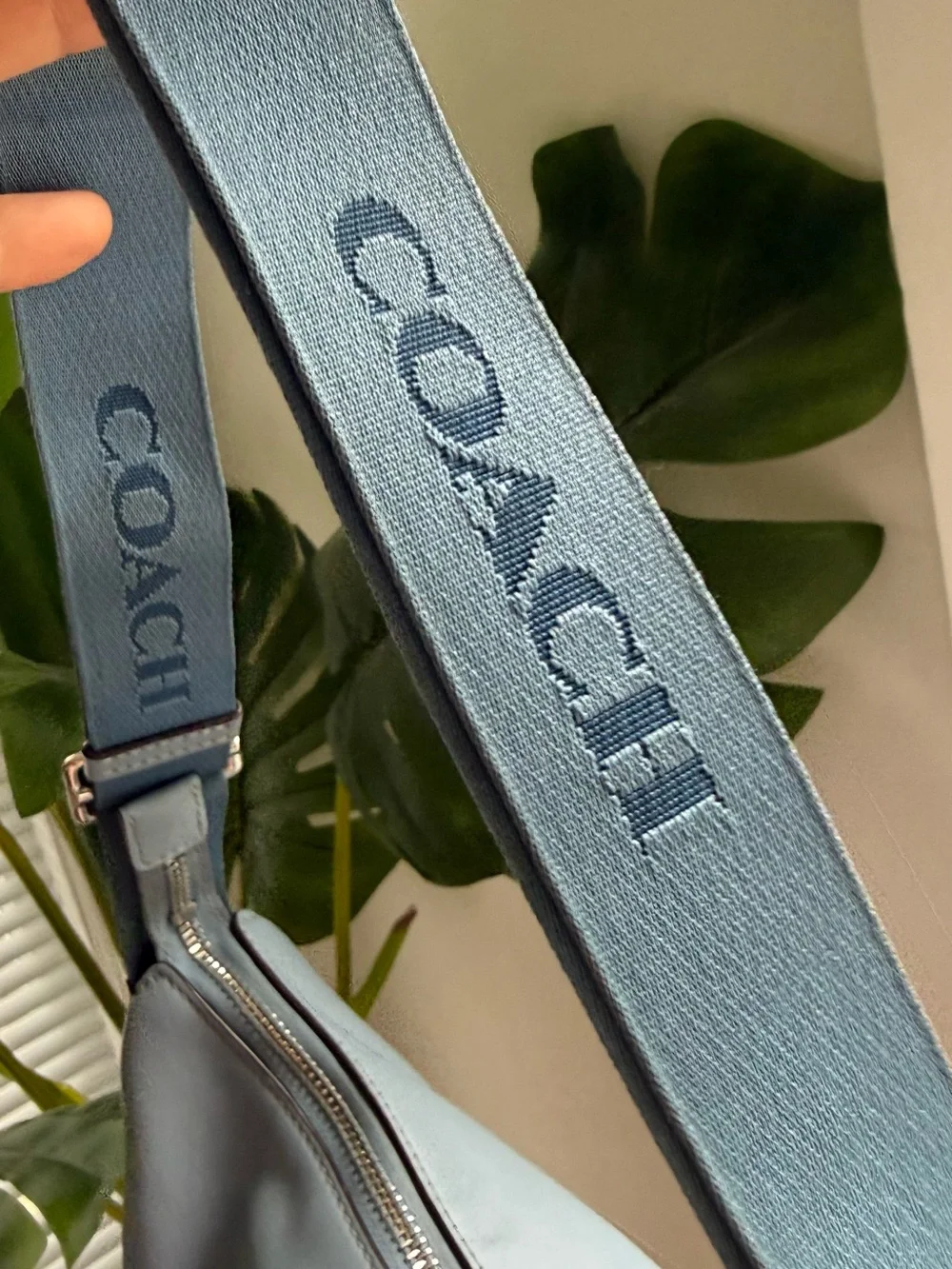 Coach Light Blue Leather Crescent Crossbody with Logo Strap